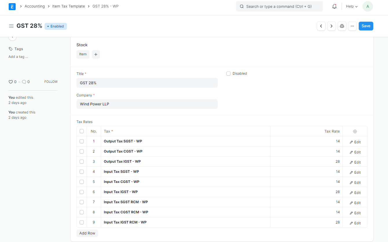 GST Item Tax Template